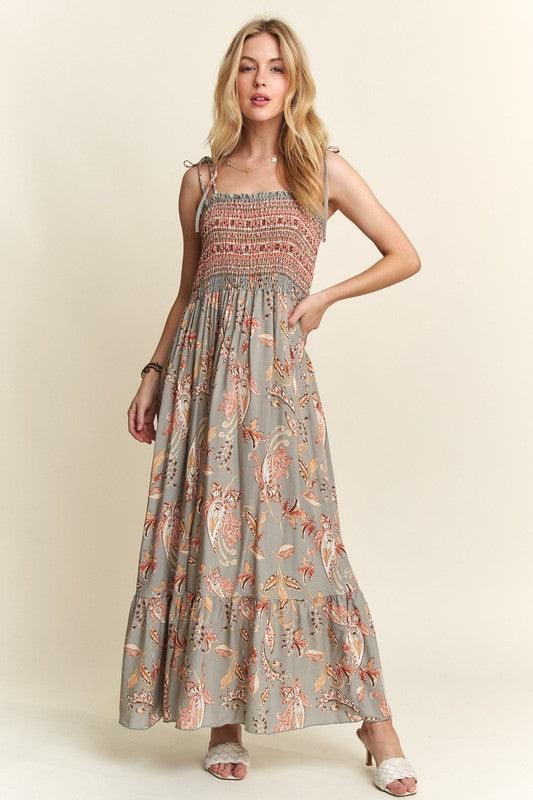 Smocked Printed Square Neck Tie Shoulder Cami Dress - Wildflower Hippies