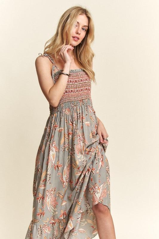 Smocked Printed Square Neck Tie Shoulder Cami Dress - Wildflower Hippies