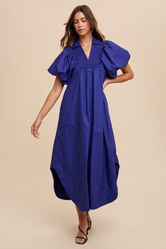 Smocked Puff Sleeve Midi Dress - Wildflower Hippies