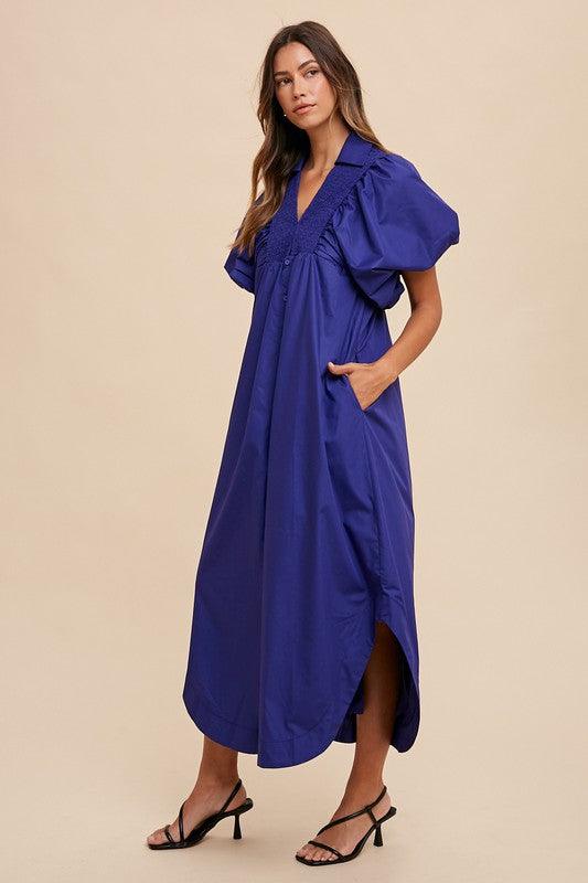 Smocked Puff Sleeve Midi Dress - Wildflower Hippies