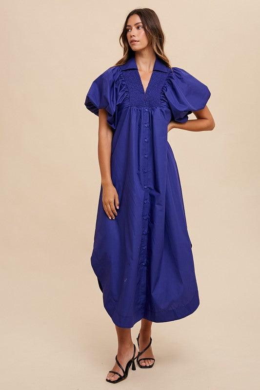 Smocked Puff Sleeve Midi Dress - Wildflower Hippies