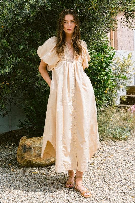 Smocked Puff Sleeve Midi Dress - Wildflower Hippies