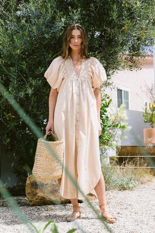 Smocked Puff Sleeve Midi Dress - Wildflower Hippies