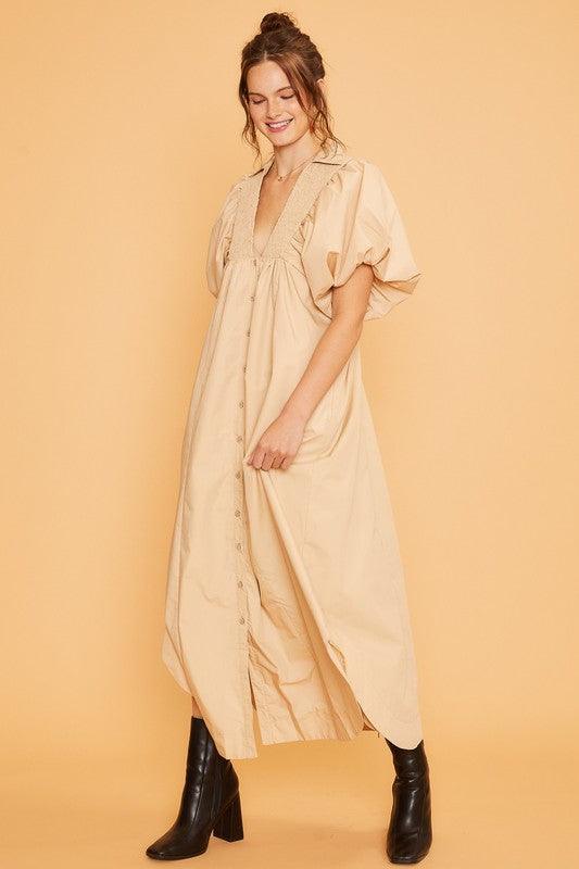 Smocked Puff Sleeve Midi Dress - Wildflower Hippies
