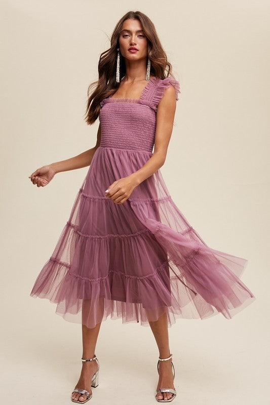 Smocked Ruffle Tiered Mesh Midi Maxi Dress - Wildflower Hippies