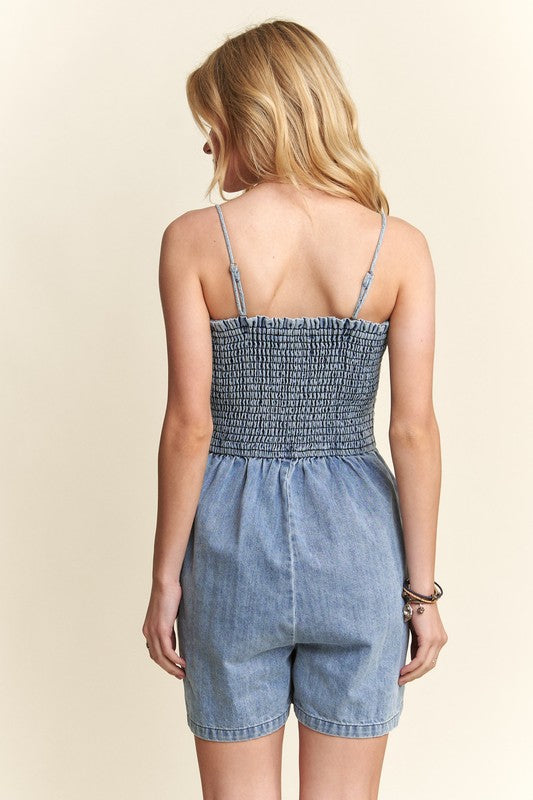 Smocked Spaghetti Strap Denim Romper - Wildflower Hippies