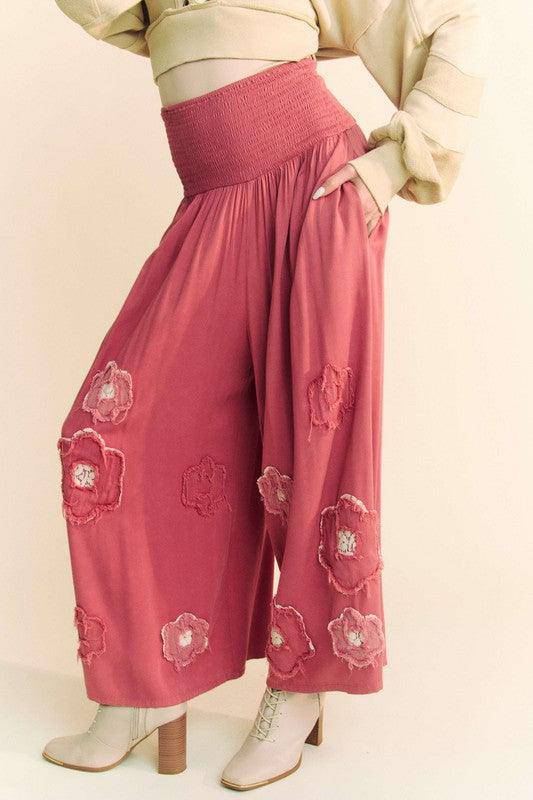 Smocked Waist Flower Patch Wide Leg Pants - Wildflower Hippies