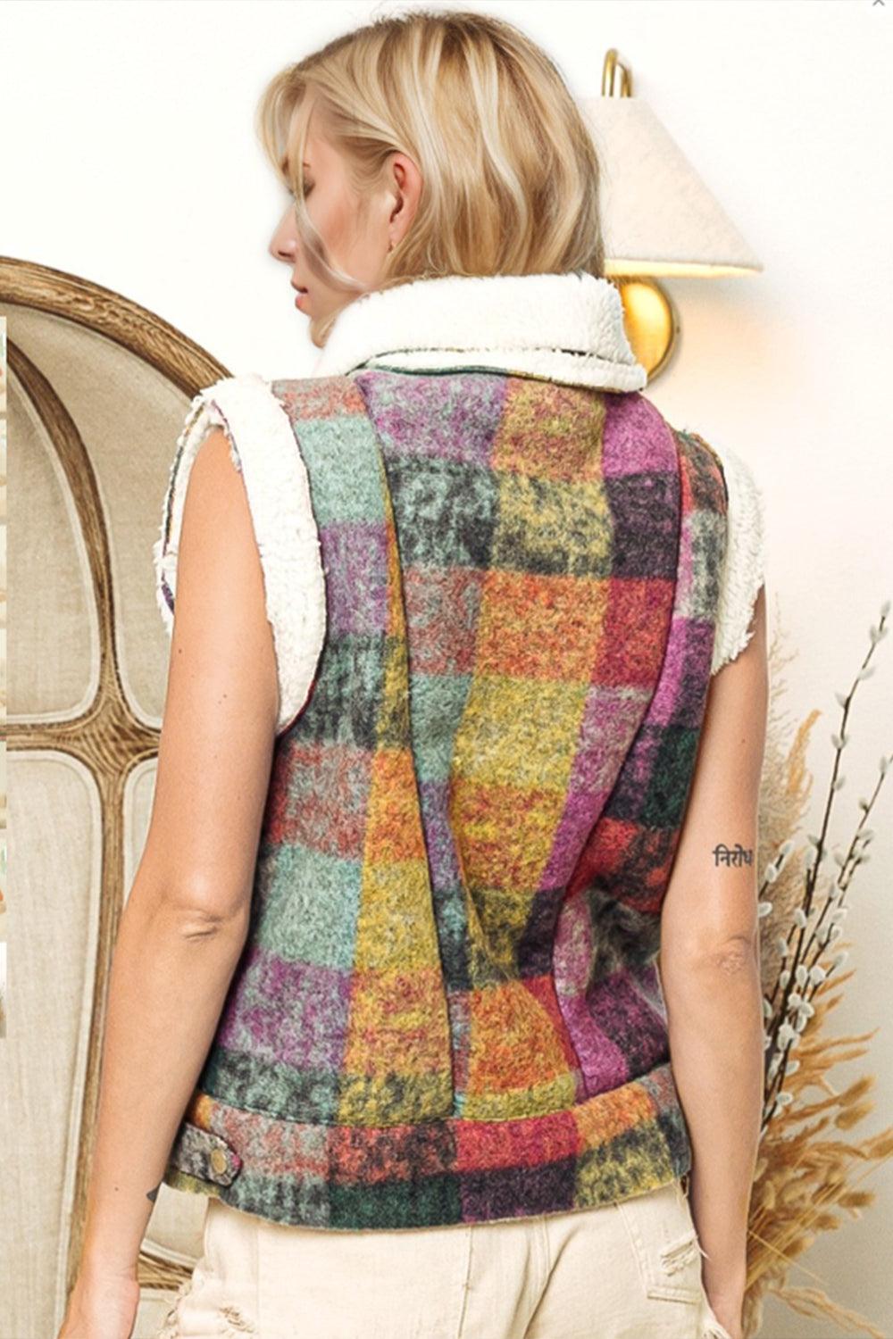 Snap Down Plaid Vest Coat with Pockets - Wildflower Hippies