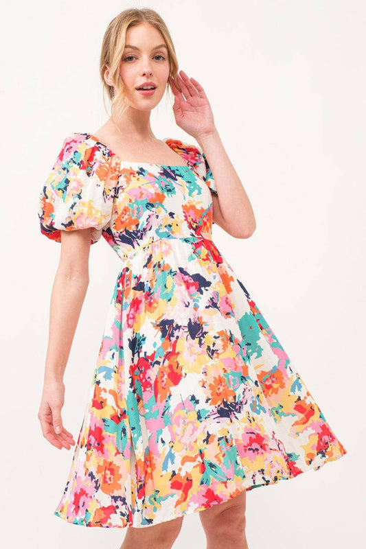 Square Neck Puff Sleeve Floral Dress - Wildflower Hippies