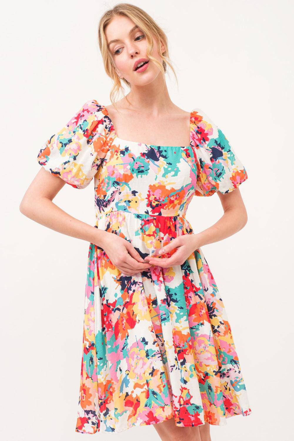 Square Neck Puff Sleeve Floral Dress - Wildflower Hippies