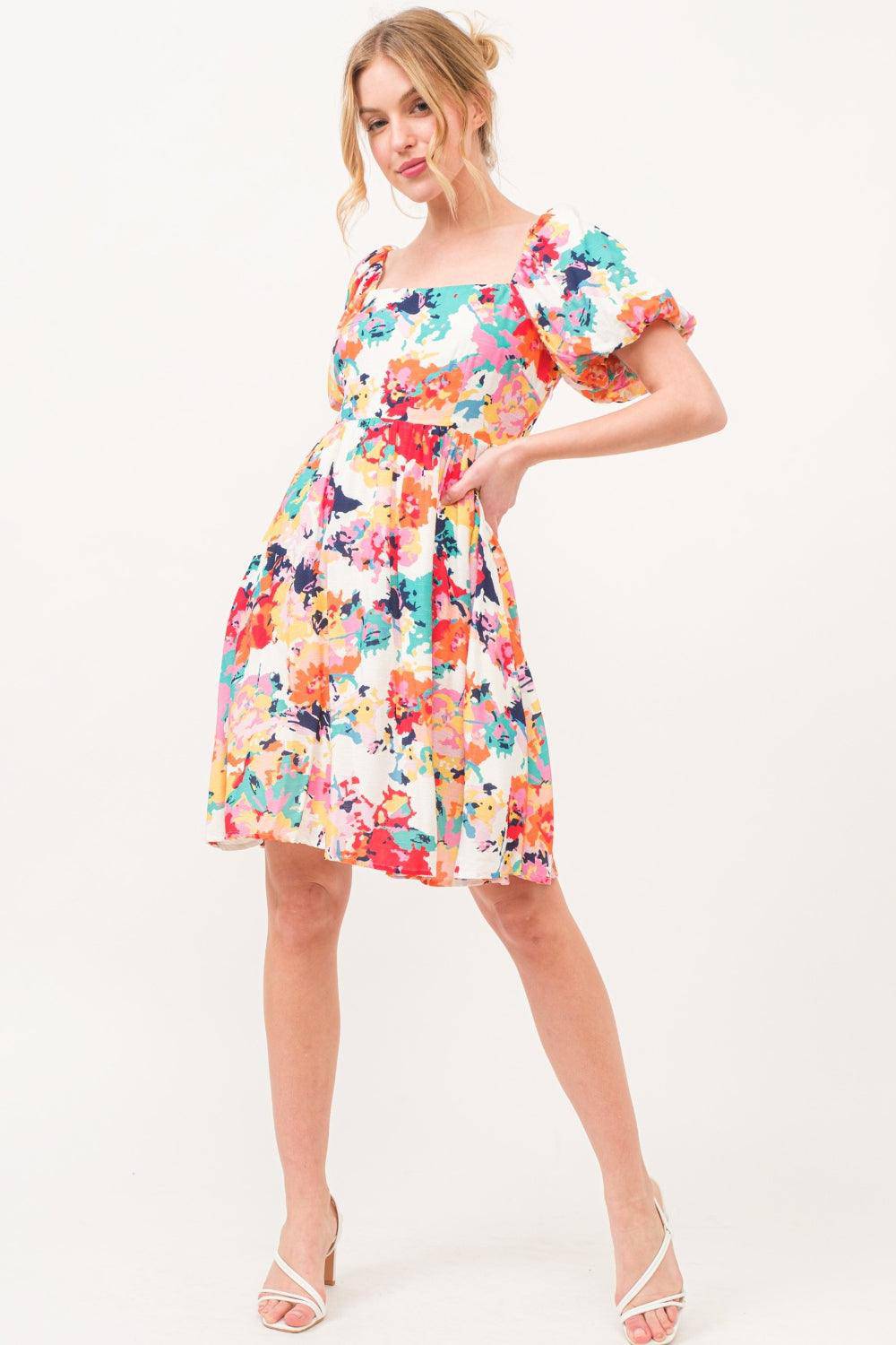 Square Neck Puff Sleeve Floral Dress - Wildflower Hippies