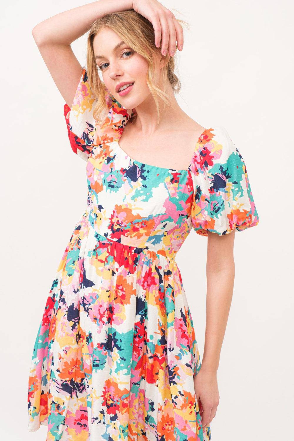 Square Neck Puff Sleeve Floral Dress - Wildflower Hippies