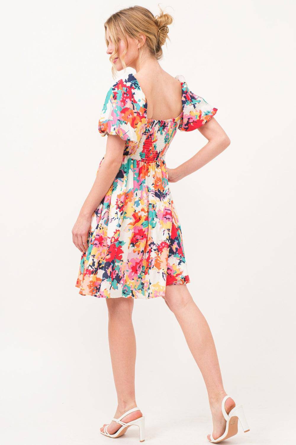 Square Neck Puff Sleeve Floral Dress - Wildflower Hippies