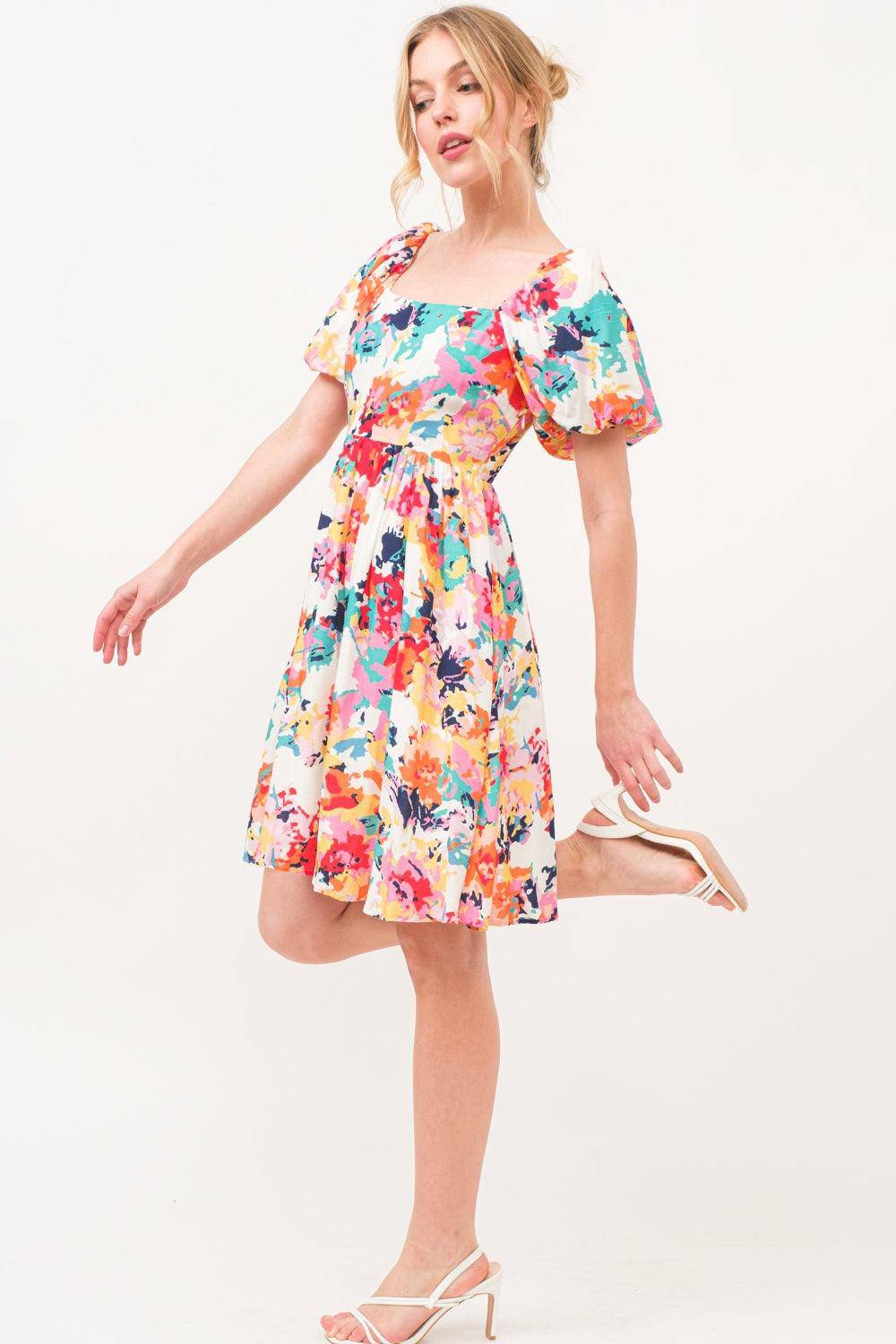 Square Neck Puff Sleeve Floral Dress - Wildflower Hippies