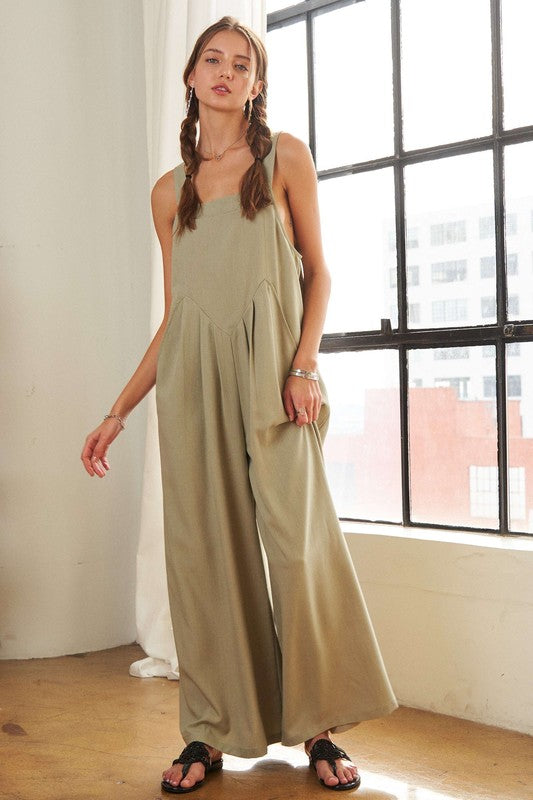 Square Neck Wide Leg Overalls with Pockets - Wildflower Hippies