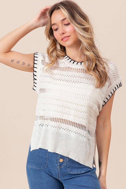 Stitch Edge Pointelle Side Slit Sweater Vest - Wildflower Hippies