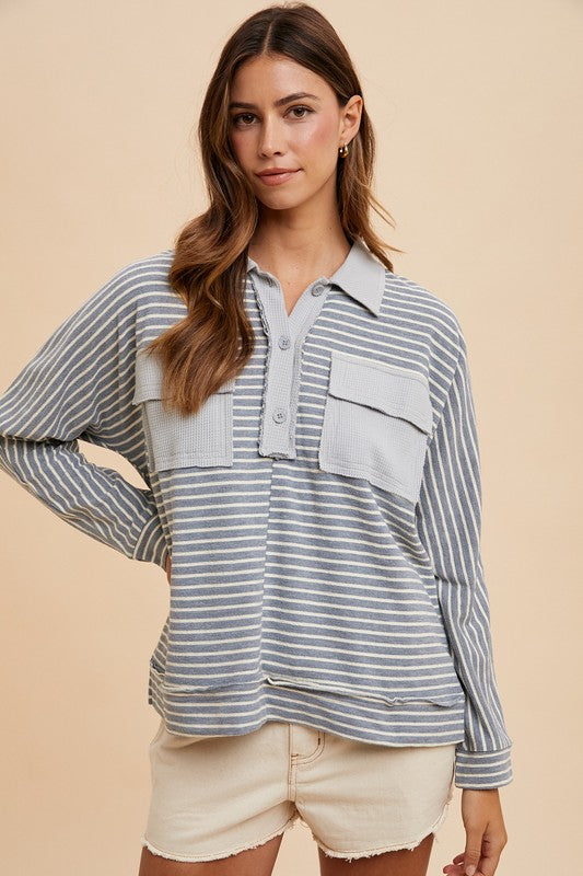 Striped Button Detail Long Sleeve Polo Top - Wildflower Hippies