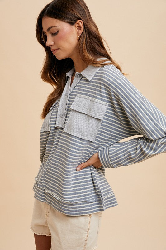 Striped Button Detail Long Sleeve Polo Top - Wildflower Hippies