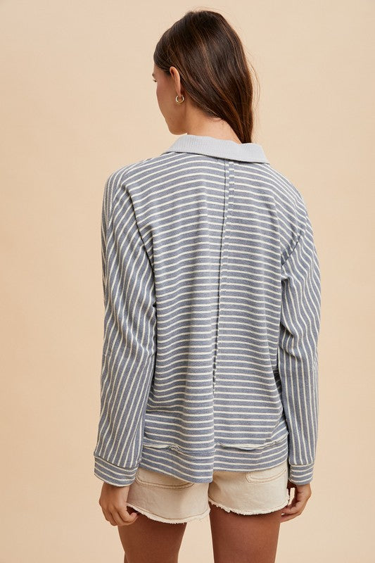 Striped Button Detail Long Sleeve Polo Top - Wildflower Hippies