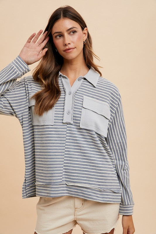 Striped Button Detail Long Sleeve Polo Top - Wildflower Hippies