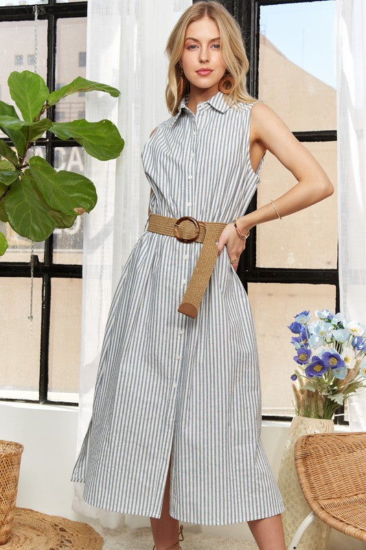 Striped Button Down Sleeveless Midi Dress - Wildflower Hippies