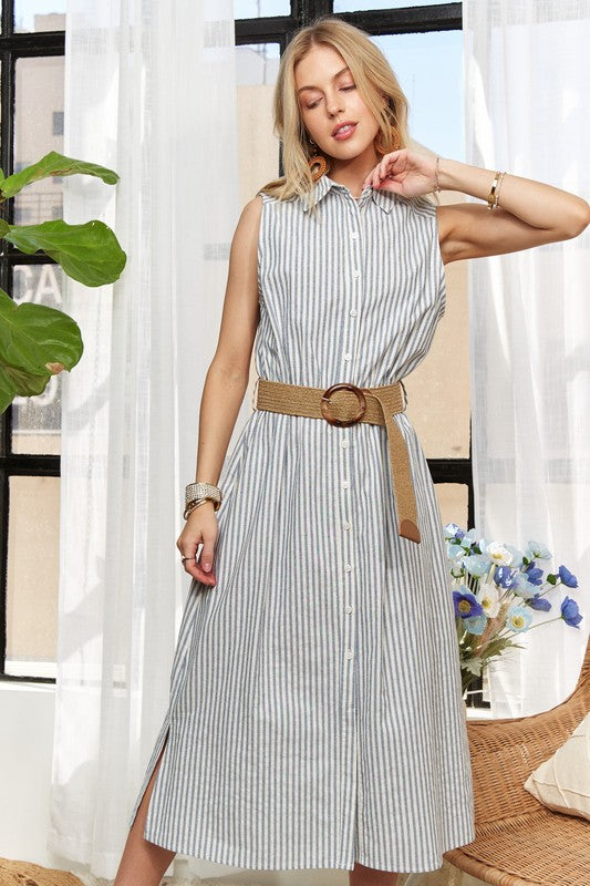 Striped Button Down Sleeveless Midi Dress - Wildflower Hippies