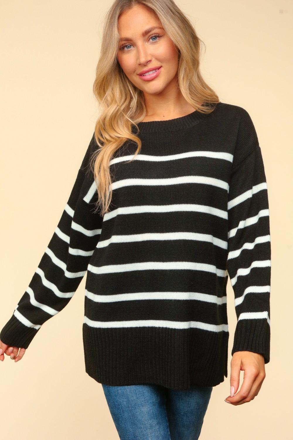 Striped Contrast Side Slit Sweater - Wildflower Hippies