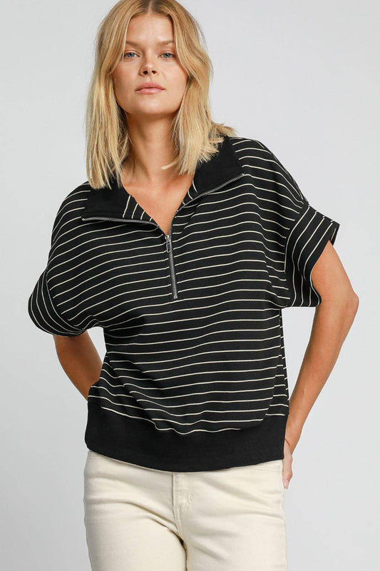 Striped Half Zip Short Sleeve Sweatshirt - Wildflower Hippies