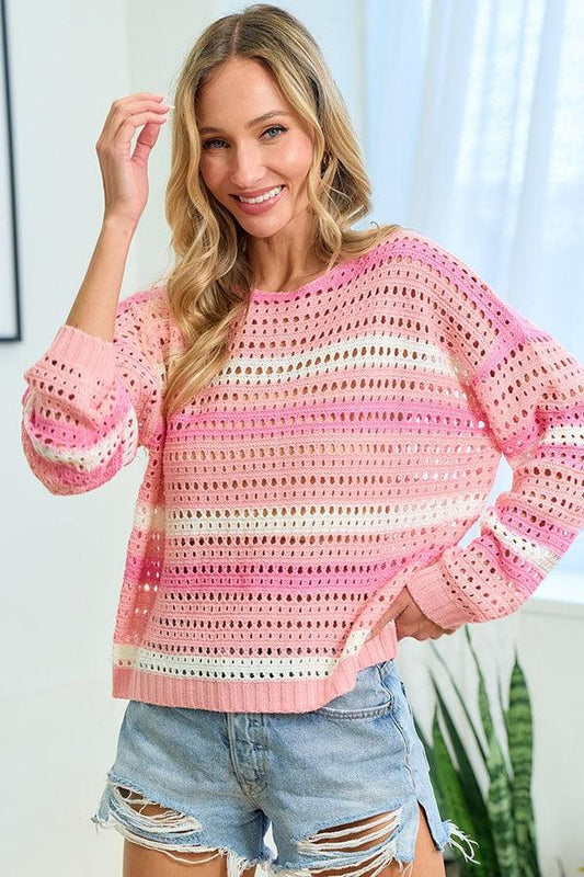 Striped Long Sleeve Openwork Knit Top - Wildflower Hippies