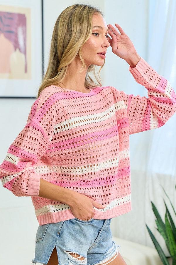 Striped Long Sleeve Openwork Knit Top - Wildflower Hippies