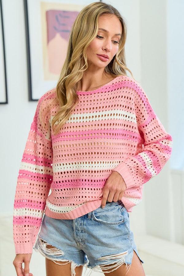 Striped Long Sleeve Openwork Knit Top - Wildflower Hippies