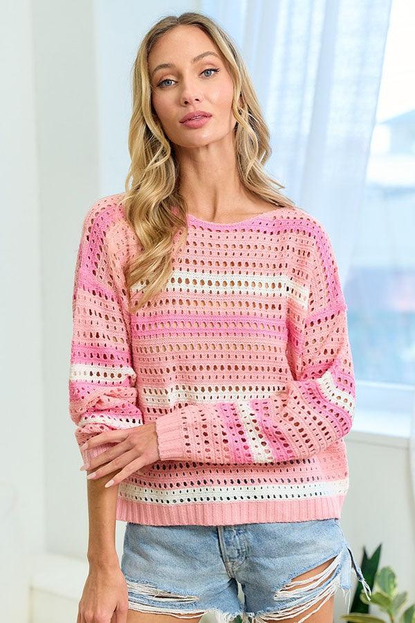 Striped Long Sleeve Openwork Knit Top - Wildflower Hippies