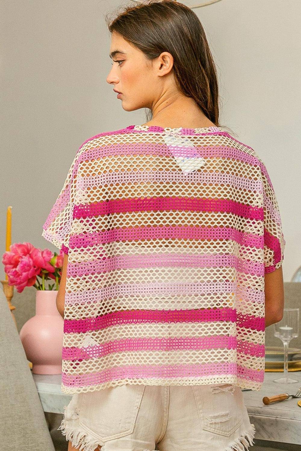 Striped Openwork Short Sleeve Knit Cover Up - Wildflower Hippies