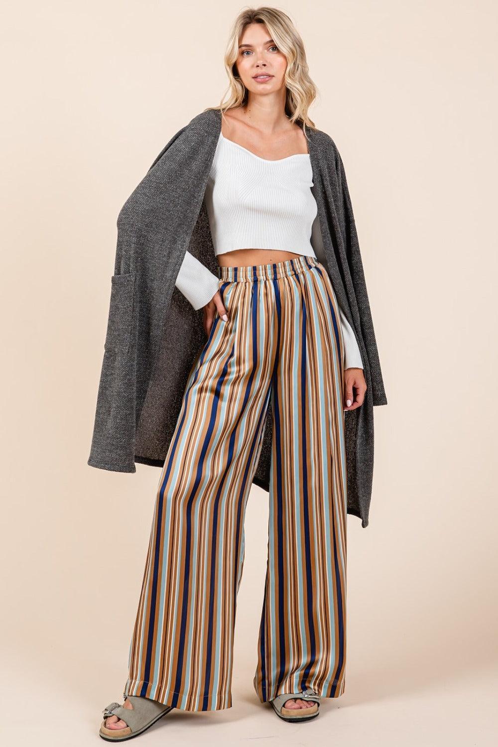 Striped Satin Elastic Waist Wide Leg Pants - Wildflower Hippies