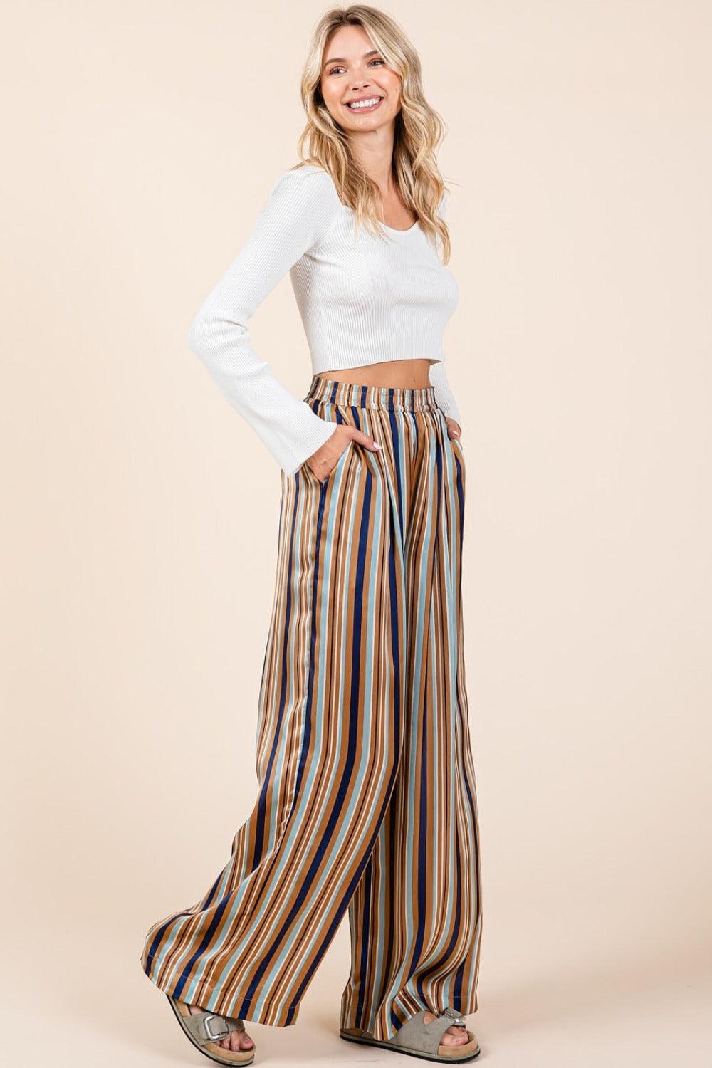 Striped Satin Elastic Waist Wide Leg Pants - Wildflower Hippies