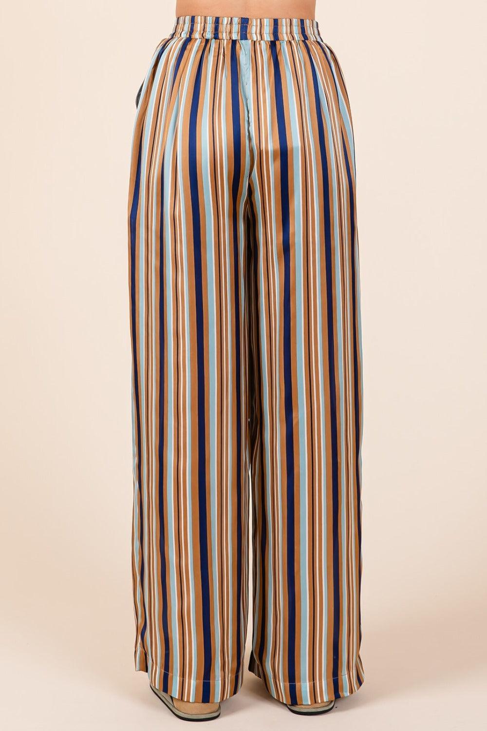 Striped Satin Elastic Waist Wide Leg Pants - Wildflower Hippies