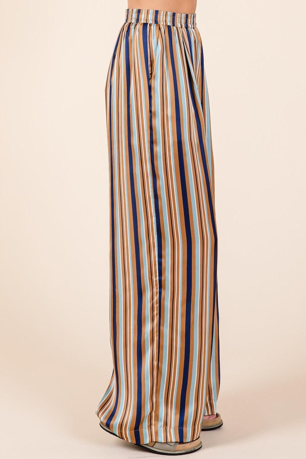 Striped Satin Elastic Waist Wide Leg Pants - Wildflower Hippies