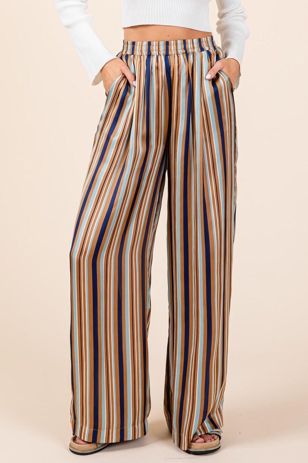 Striped Satin Elastic Waist Wide Leg Pants - Wildflower Hippies