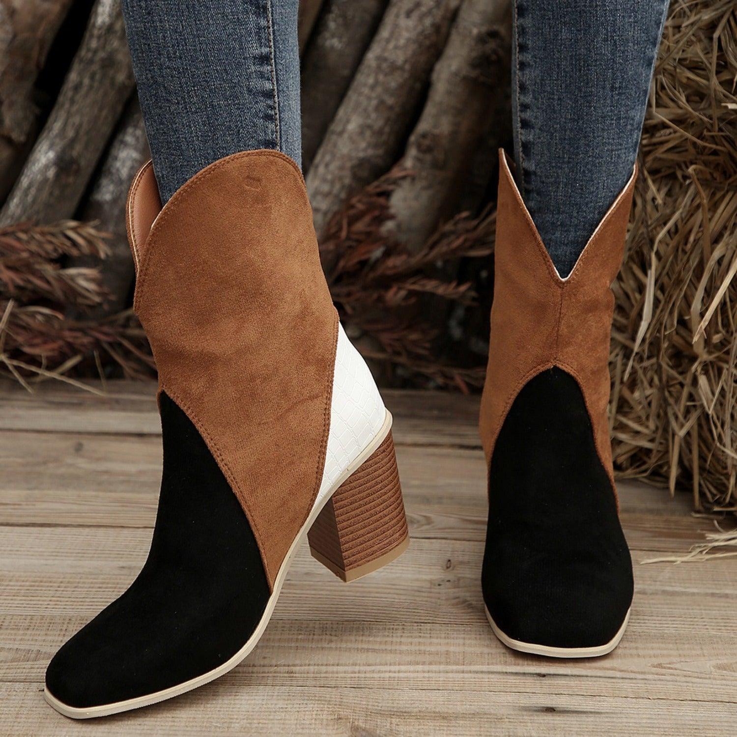 Suede Square Toe Block Heel Boots - Wildflower Hippies