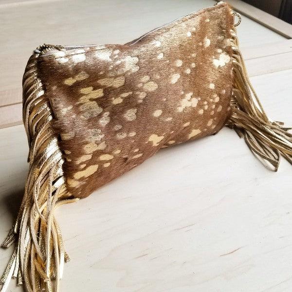 Tan and Gold Hair-on-Hide Leather Clutch Handbag - Wildflower Hippies