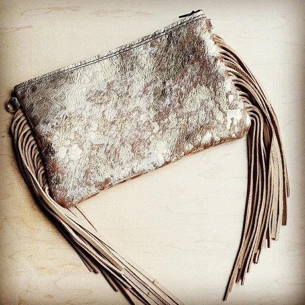 Tan and Gold Hair-on-Hide Leather Clutch Handbag - Wildflower Hippies