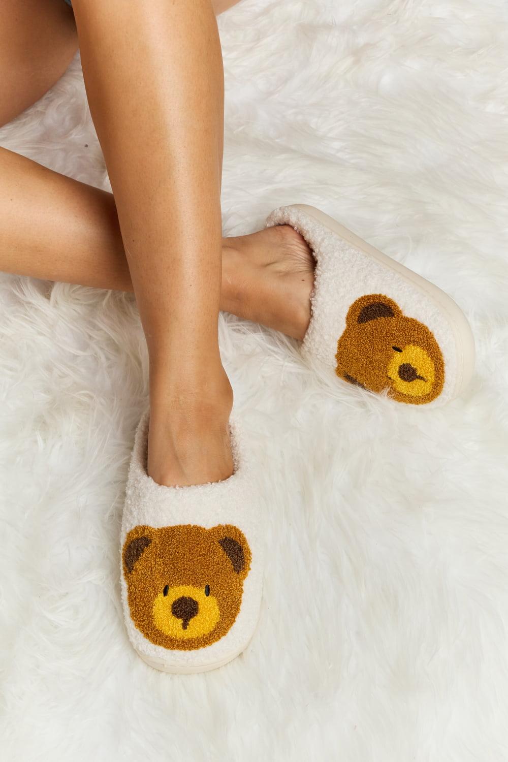 Teddy Bear Print Plush Slide Slippers - Wildflower Hippies