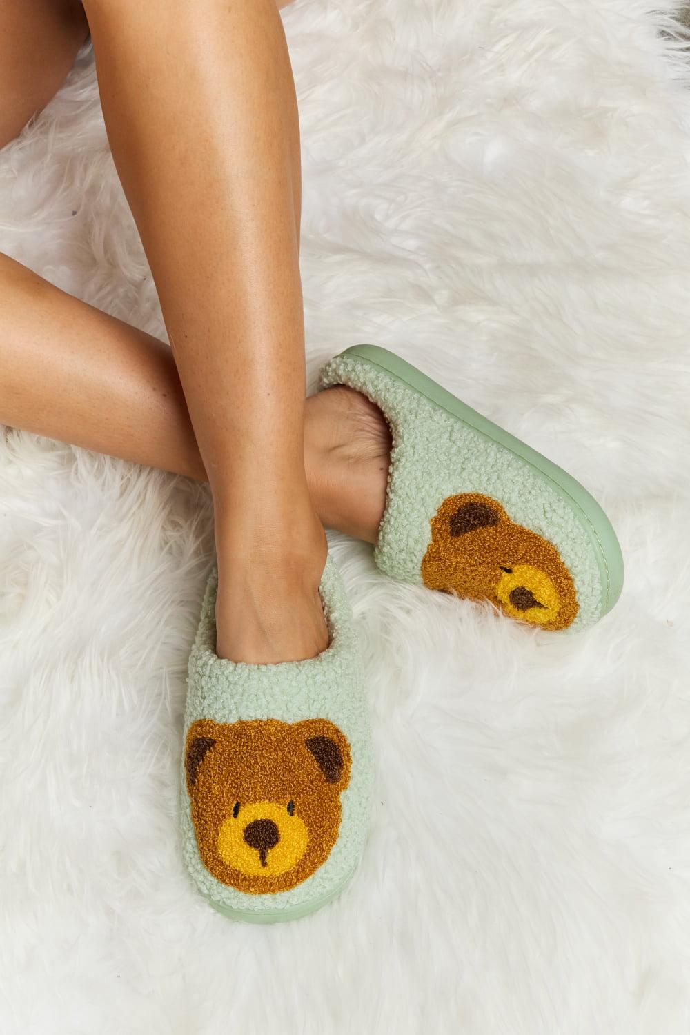 Teddy Bear Print Plush Slide Slippers - Wildflower Hippies