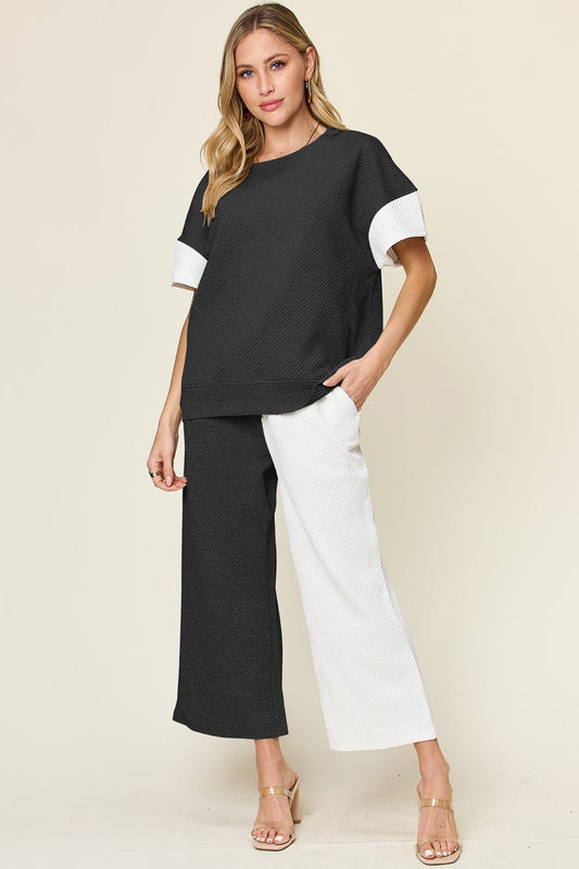 Texture Contrast T-Shirt and Wide Leg Pants Set - Wildflower Hippies