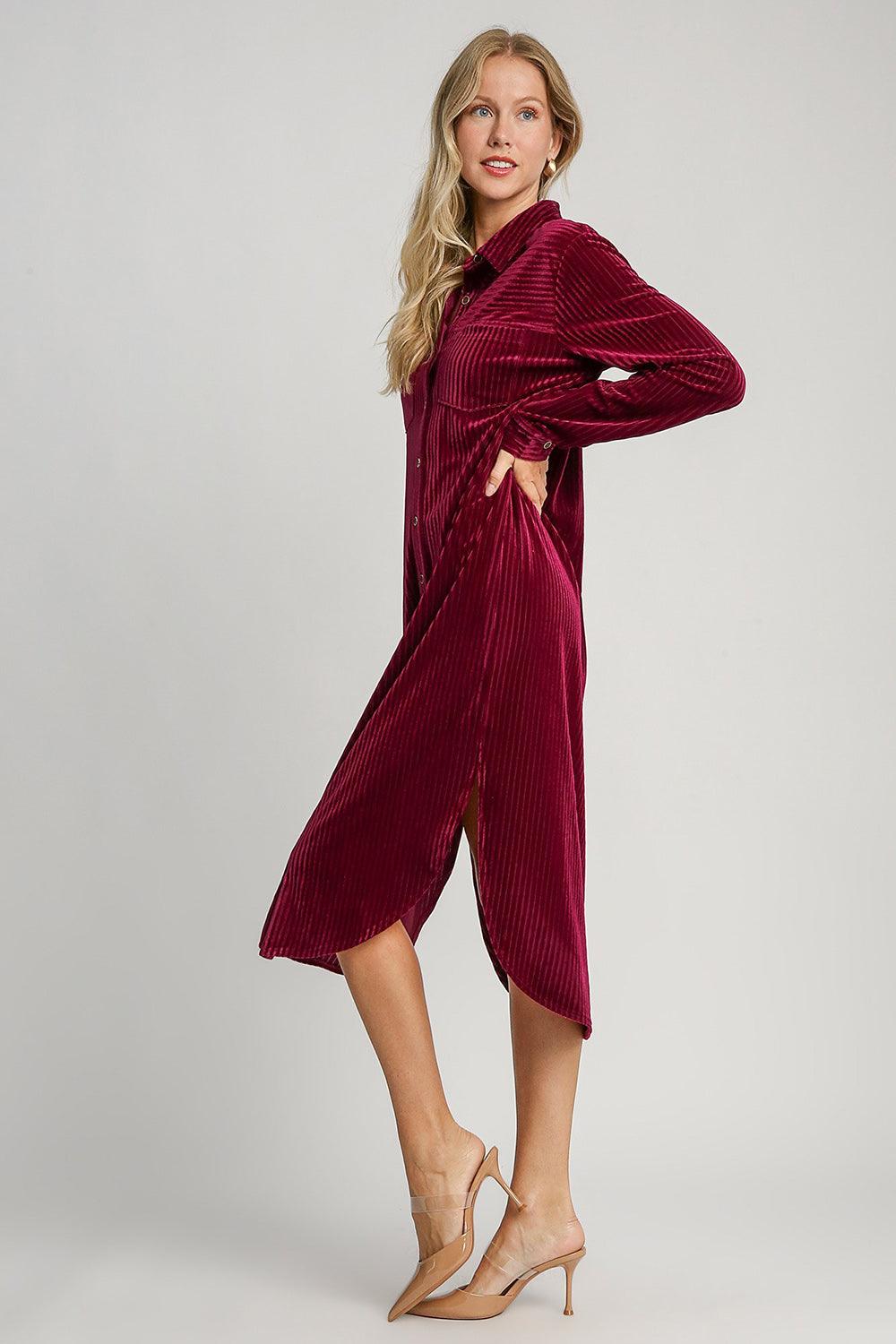 Texture Curved Hem Button Down Shirt Dress - Wildflower Hippies