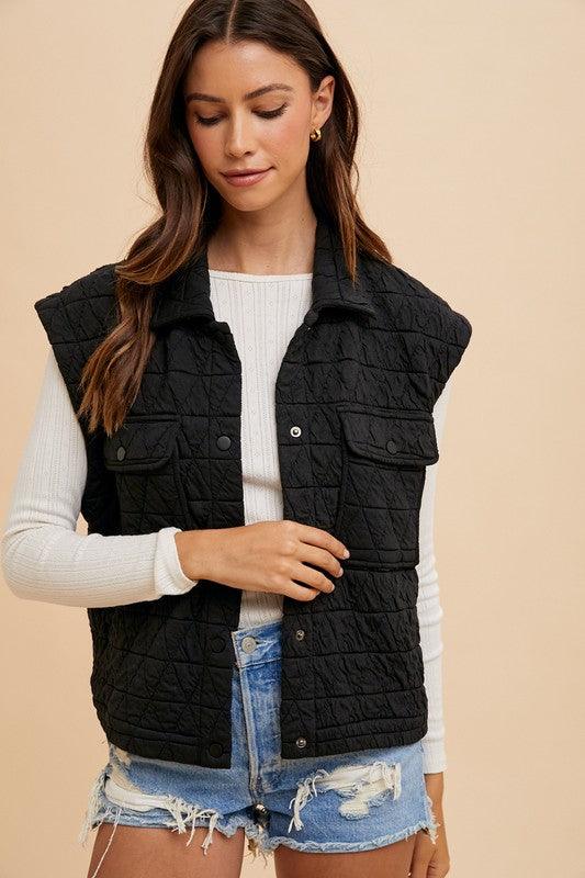 Texture Quilted Snap Down Vest Coat - Wildflower Hippies