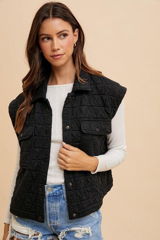 Texture Quilted Snap Down Vest Coat - Wildflower Hippies