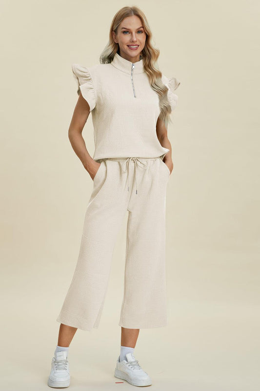 Texture Ruffle Short Sleeve Top and Wide Leg Pants Set - Wildflower Hippies