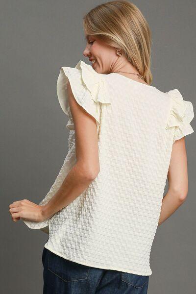 Textured Jacquard V-Neck Ruffle Cap Sleeve Blouse - Wildflower Hippies
