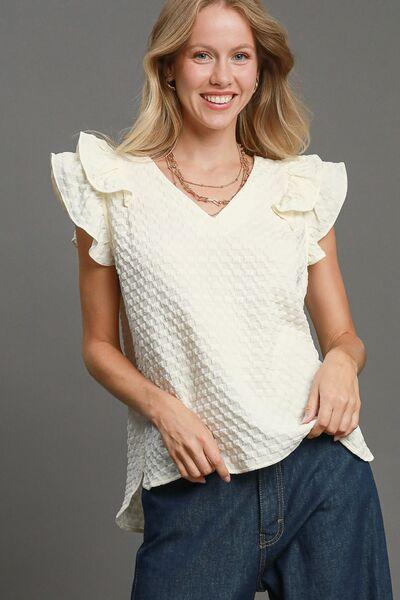 Textured Jacquard V-Neck Ruffle Cap Sleeve Blouse - Wildflower Hippies